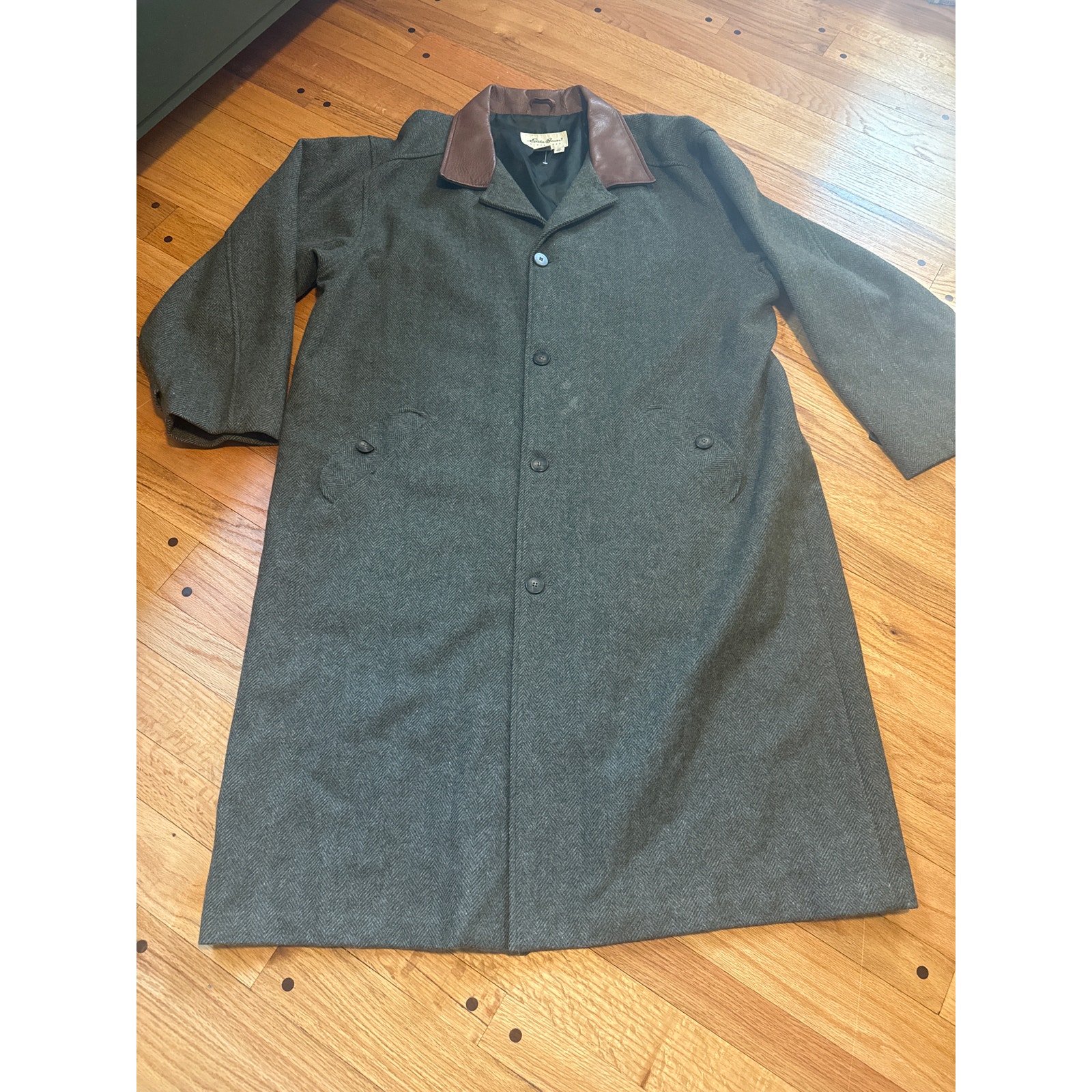 Vtg Eddie Bauer Wool Herringbone Tweed Trench Overcoat Leather Collar Men's 3xl